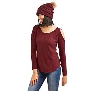 Self E Juniors Waffle Knit Cold Shoulder Top Faux Fur Trimmed Beanie
